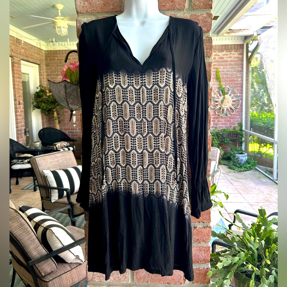 FLOWERS OF ROMANCE Black Cream Geometric Tie Neck Sheath Dress Trumpet Cuff Sm